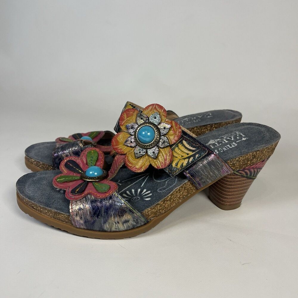 L’Artiste Whimsigoth Floral Leather Heeled Sandals Turquoise Gem Mules Size 38